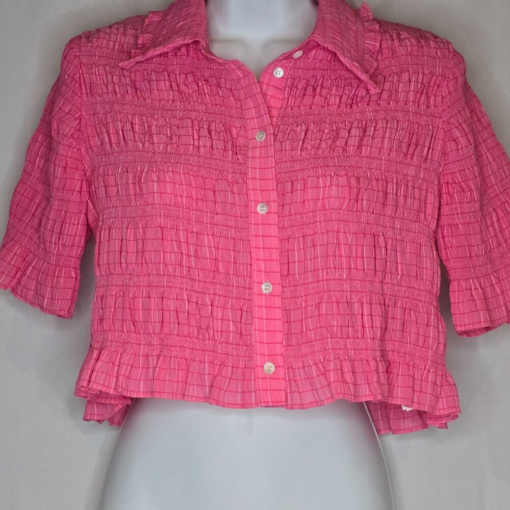 Sandro Janelle Stripe Smocked Cropped Blouse in Rose Bonbon, FR 2/ M, NWT - Picture 2 of 9